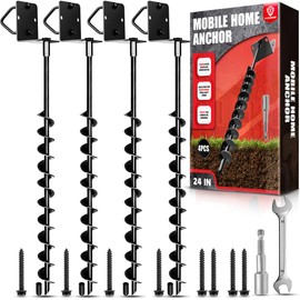 [Premium] 24" Full Spiral Blade Mobile Home Anchor, 4 Pack Ground Anchor Screw in with L-shaped Brackets, U-bolts, Power Nut Driver,Earth Anchors High Wind Heavy Duty for Camping Tents,Swing Sets