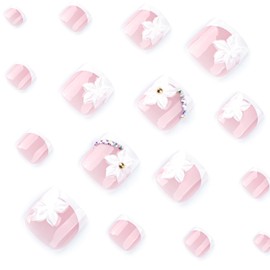 French Tip Press on Toenails Short Square Fake Toenails with Designs 3D White Flower Rhinestone Acrylic Full Cover False Toe Nails Tip Summer Toe Press on Nails Glue on Toenails for Women 24PCS