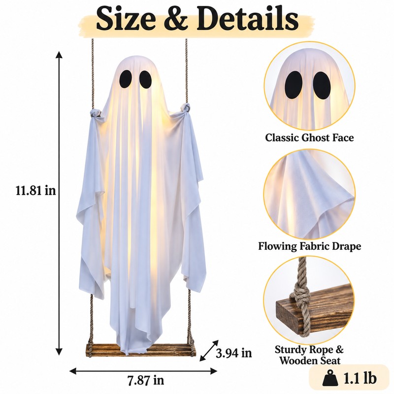 Hanging Swing Ghost Halloween Decoration with String Lights – Cute