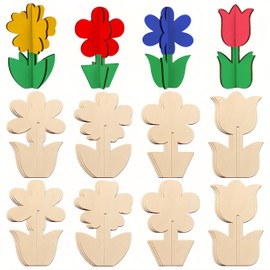 24pcs DIY 3D Flower Spring Wood Crafts to Paint,4 Styles DIY Paintable Flowers,Unfinished Wooden Slices for Craft Flower Cutouts Ornaments for Painting Spring Decorations