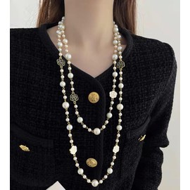 Long White Flower Pendant Neckalce for Women Girls Retro Dainty Layered Imitation Pearl Chain Necklace Black Enamel Cherry Camellia Blossom Sweater Chain Waist Belly Chain Jewelry