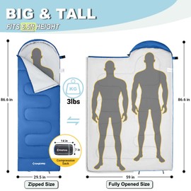 KingCamp Camping Sleeping Bags, Lightweight 87*30 Sleeping Bag for Adult & Kid, Zip Together for Family Camping Backpacking Hiking, Waterproof 3 Season Warm & Cold Weather Camping Outdoor Gear Blue L