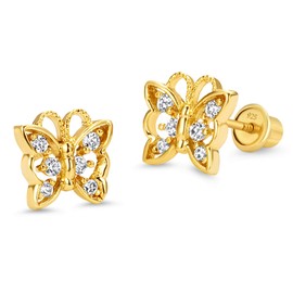 14k Gold Plated Brass Butterfly Cubic Zirconia Screwback Girls Earrings with Sterling Silver Post