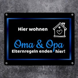 Hier wohnen Oma und Opa - Elternregeln enden hier Metal Sign in 15 x 20 cm in Blue Parents Grandparents Granddad Grandmother Gift Hearts Babysitter Grandpa Bonus Grandma Bonus