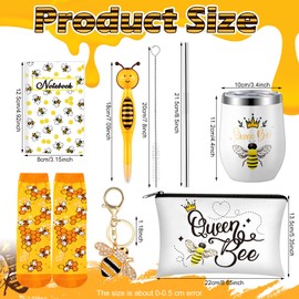 Panitay 6 Pcs Bee Themed Gifts Set for Women Bee Socks Bee Stainless Steel Tumbler 12 Ounce with Straw and Brush Bee Cosmetic Bag Bee Notebook Pen Keychain for Bee Lover Gifts