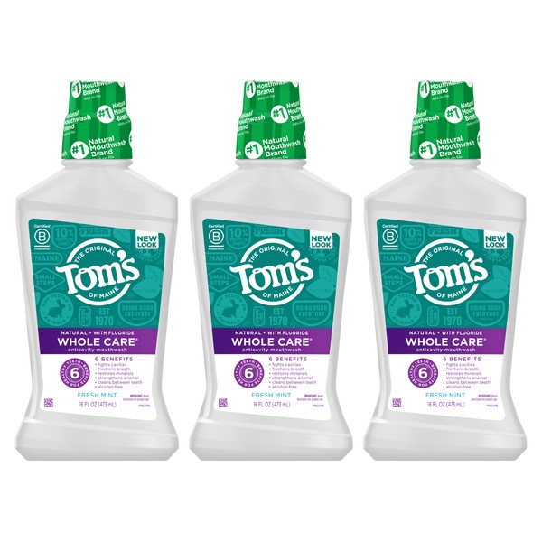 Tom's Of Maine Whole Care Natural Fluoride Mouthwash, Fresh Mint, 16 oz. 3-Pack (Packaging May Vary)