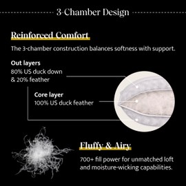 Double Stitch Luxury US White Down Pillow - Made in Canada, 400 Thread Count 100% Cotton Shell, 700 Fill Power Down Bed Pillow, Soft Sleeping Pillow 3-Chamber, Firm, Queen(20" x 30")