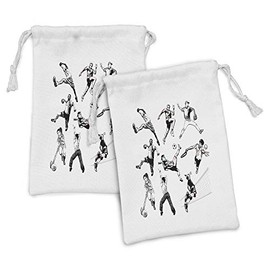 Ambesonne Sketchy Fabric Pouch Set of 2, Muscular Energetic Athletes in Different Poses Sports Themed Drawing Style Artwork, Small Drawstring Bag for Toiletries Masks and Favors, 9" x 6", Black White