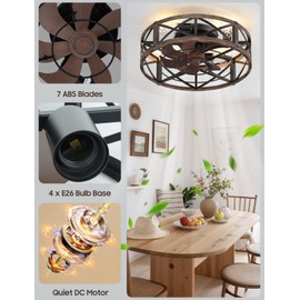 Caged Ceiling Fan with Light and Remote, 20" Low Profile Flush Mount Ceiling Fans with Light, 6 Speed, Timing, Reversible DC Motor, Small Farmhouse Fan Lights for Bedroon Kitchen Living Dining Room