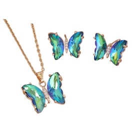 tenghong2021 Butterfly Necklace Earrings Minimalist Cubic Zircons Gold Butterfly Pendant Earrings Necklace 18K Gold Plated Cute Crystal Butterfly Jewelry Set for Women Gifts Jewelry-Green