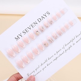 24 Pcs White Flower Press on Nails Medium Square White French Fake Nails Nude False Nails with Silver Glitter Design Glossy Nail Tips Full Cover Acrylic Nail Kit for Women Manicure 24 Pcs