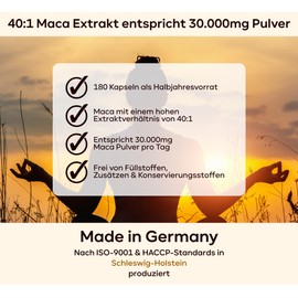 30,000 mg per capsule, 180 pieces, maca capsules high dose, 750 mg maca extract 40:1 per capsule, equivalent to 30,000 mg maca powder, 1 capsule/day = 180 servings = half-year supply, vegan.