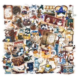 50pcs Cartoon Magic Cat Stickers, Waterproof Transparent PET Sticker Pack for Laptops,Phone,Bumper,Skateboard,Water Bottles,Bike,Guitar, Cute Cafe Kitten Decals for Kids Teens Adults