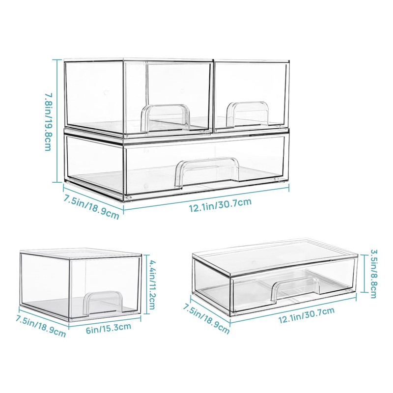 Vtopmart Stackable Storage Drawers Set of 3,Clear Plastic Organizer Bins