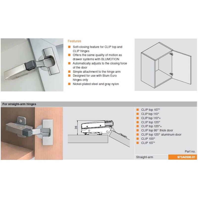 Blum 973A0500 Blumotion Clip On Soft Close Damper for Hinge