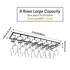 Xverycan Wine Glass Rack Under Cabinet, 8 Row Extreme Large Stemware Hanger, Metal Wine Goblet Holder, DIY Bar Glass Storage Rack for Bar Counter, Kitchen, Screws Included (Black)