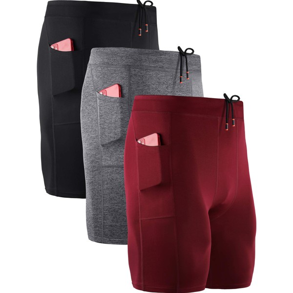 NELEUS Men's 3 Pack Running Compression Shorts with Pockets,6072,Black,Grey,Red,US L,EU XL