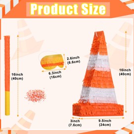 Traffic Cone Pinata - Orange Construction Theme Party Supplies for Kids Birthday Decor, Includes Stick, Blindfold, Confetti, 15.8 x 9.5 x 3.2 Inches