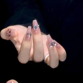 MAOLEETO Press on Nails, Middle Ladder Fake Nails Pink Glitter Diamonds False Nails Middle Pink Press on Nails for Women Girls Nail Art Decoration - Middle