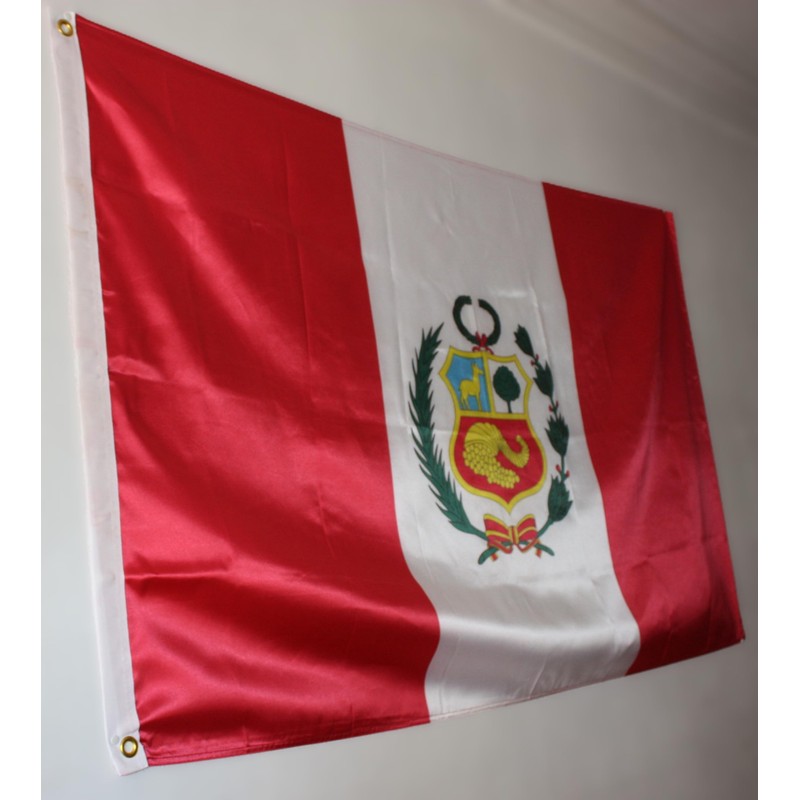FLAG OF PERU WITH SHIELD. PREMIUM SATIN QUALITY. LARGE SIZE
