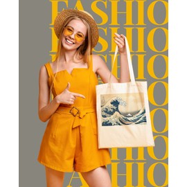 AUSVKAI Canvas Tote Bag Aesthetic for Women, Cute Trendy Wave Reusable Cloth Cotton Bags with Handle for Grocery College Shopping Beach