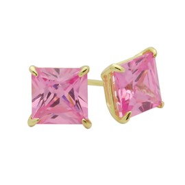 14K Yellow Gold 5mm Square Princess Cut Pink Cubic Zirconia Basket Set Solitaire Screwback Stud Earrings