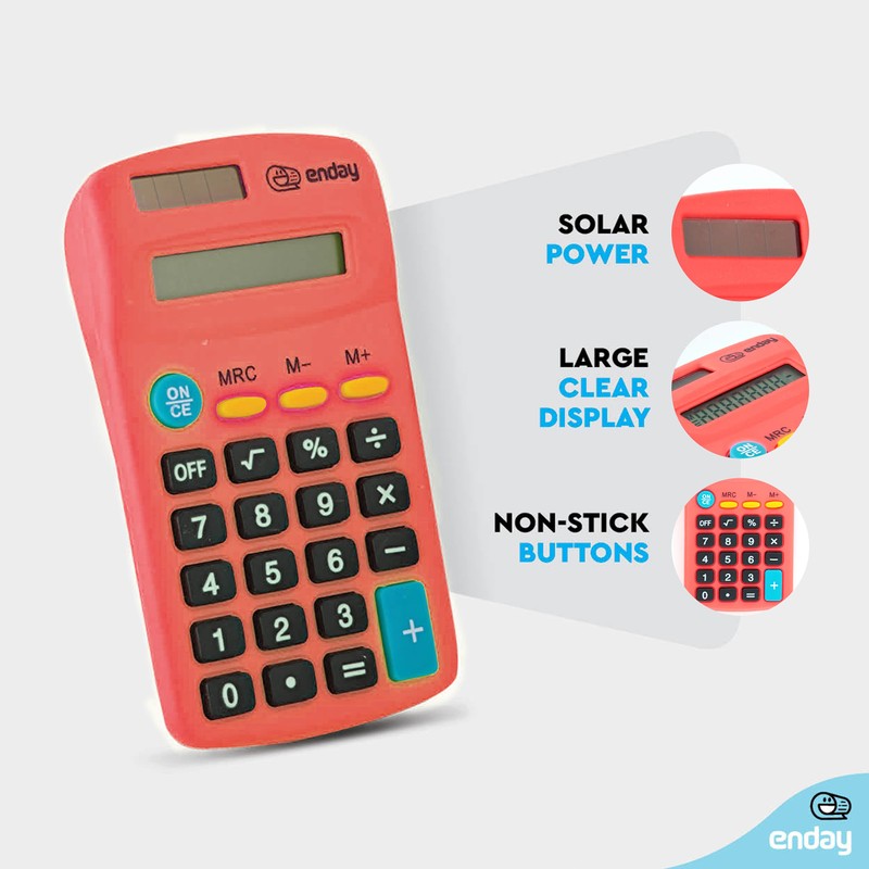 Calculator Red, Basic Small Solar and Battery Operated, Large Display