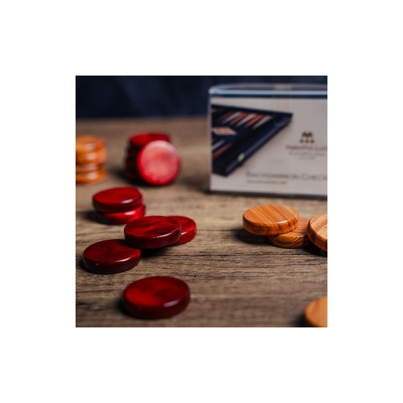 Luxury Manopoulos Olive Wood 36mm Backgammon Checkers - Red and