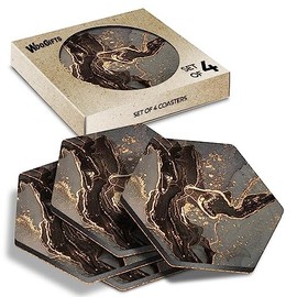 4 x Hexagon Coasters - Black & Gold Style Marble Ink Art Cork Backed MDF Glossy Tea Coffee Accessory #170400