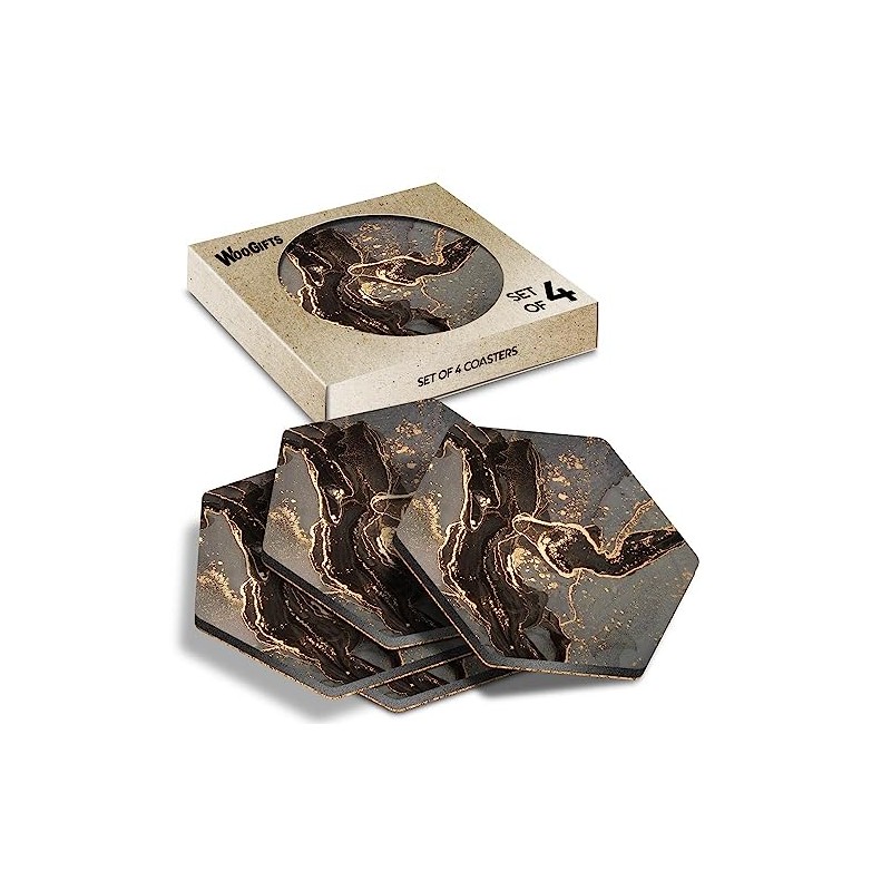 4 x Hexagon Coasters - Black & Gold Style Marble