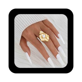 Vacaonio Gold Pearl Geometric Statement Ring Adjustable Irregular Geometric Rin Pearl Geometric Open Ring Metal Exaggerated Pearl Cuff Ring Vintage Chunky Textured Metal Ring Jewelry for Women