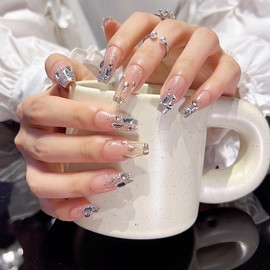 Pure Handmade Nails Press on Nail Reusable Fake Nails White Rhinestones Bling Bling Nude Medium Stick on Nails French Tip False Nails 10pcs (XS, Q161LT)