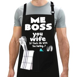 LINEN CLOSET® Adjustable Bbq Aprons for Men Funny Rude Chef Aprons Christmas Grilling Gifts for Dad Son Father Husband with 2 Pockets- Me Boss You Wife Apron