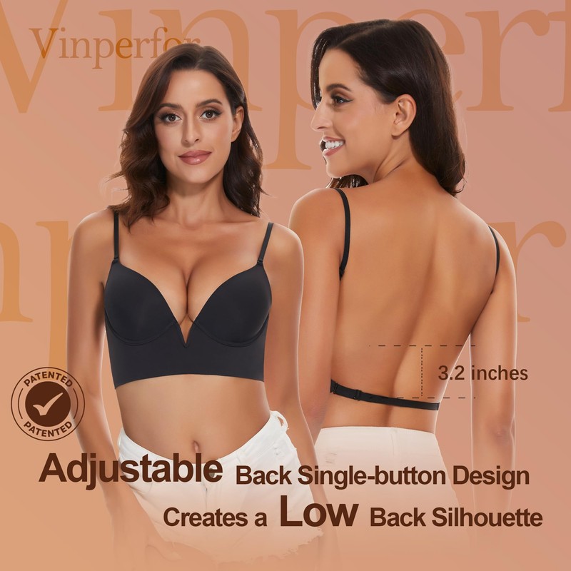 Vinperfor Women Low Back Bra Invisible Backless Bras Lightly-Lined Deep-V