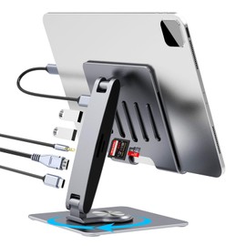 Adjustable Tablet Stand with USBC Hub 7-in-1, Aluminum Tablet Holder with Docking Station, 360° Swivel Base, 4K HDMI, 100W PD Charging, USB 3.0, SD/TF Reader, 3.5mm Audio, for iPad with USB-C Port