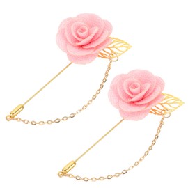 MECCANIXITY 2Pcs Flower Lapel Stick Brooch Pin with Gold Leaf Brooch Satin Tassel Chain Dangling Handmade Boutonnieres Pins for Suit Collar Wedding Party, Light Pink