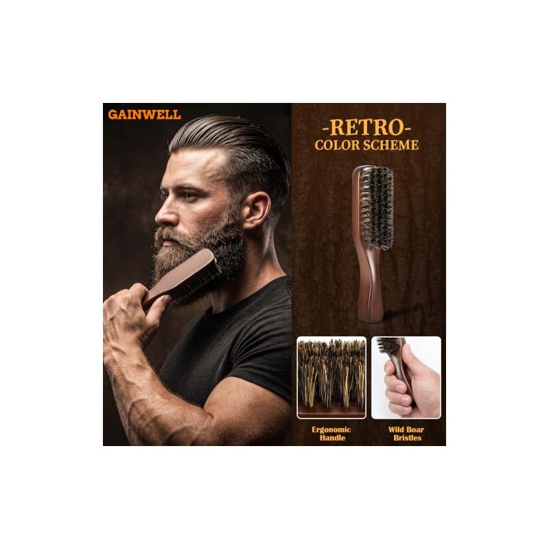 GAINWELL Small Boar Bristle Beard & Hair Brush for Men,