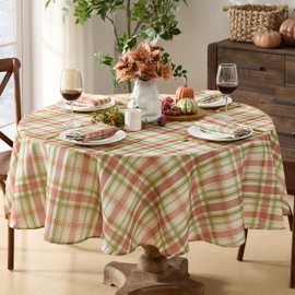 Newbridge Country Rustic Thanksgiving Plaid Round Fabric Tablecloth, 70 Inch Diameter Fall Spice and Green Cottage Plaid, Soil Resistant, Easy Care Table Cover for Holiday Dining