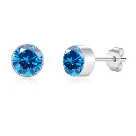 Cangall Silver Studs Earrings for Women, 925 Sterling Silver Stud Earrings with Blue Cubic Zircon, Hypoallergenic 6mm Small Cartilage Sleeper Silver Stud Earrings Jewelry Gift for Xmas Birthday
