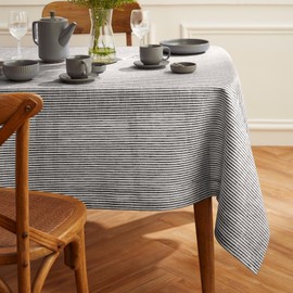Solino Home Stripe Linen Tablecloth 108" L x 60" W Inch – 100% Pure Linen Black and White Spring Tablecloth – Farmhouse Rectangle Tablecloth for Winter – Narrow Stripe