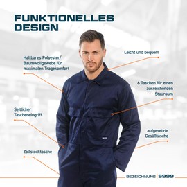 Portwest Euro Work Polykatoen Overall, Royal Blau, M