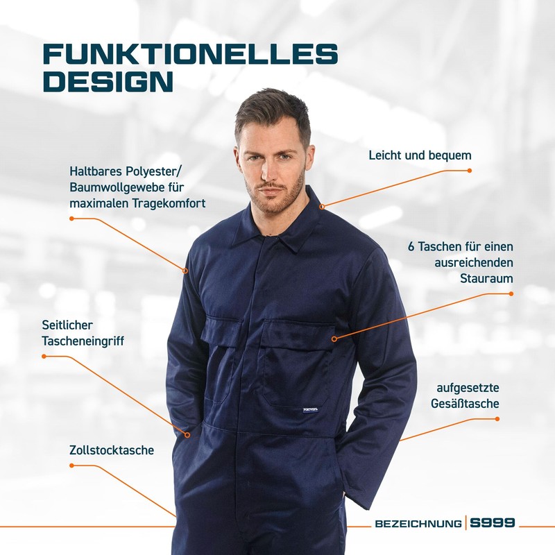 Portwest Euro Work Polykatoen Overall, Royal Blau, M