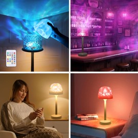 Cordless Table Bedside Lamp and Ocean Wave Projector Light [2 in 1],Touch & Remote Control,3 Way Color Temperature,16 Color Changing Light,Dimmable,Rechargeable Aurora Night Lights for Bedroom Party