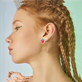 coadipress Fruit Stud Earrings for Women Dainty Small Fruit Stud Earrings Weird Watermelon Earrings Cute Lifelike Red Strawberry Funny Kawaii Cherry Earrings Summer Fruit Jewelry Gifts (Silver strawberry)