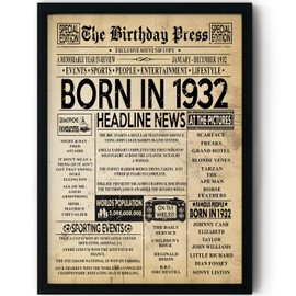Stuff4 93rd Birthday Poster Framed - Born In 1932 Vintage Newspaper - Happy 93rd Birthday Gifts for Women Men Retro Back In 1932, 8x10 Inch Ninety-Three Ninety-Third Decor Decoration Bday Party