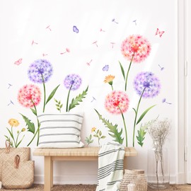 Supzone Wall Sticker Pink and Purple Dandelion Flower Wall Sticker Dandelions Butterfly Wall Sticker Spring Flower for Living Room Bedroom Sofa TV Background Wall Decoration