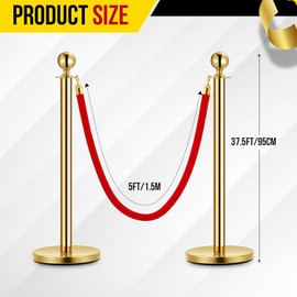 Stainless Steel Stanchion Post, 5 Pcs Gold Stanchions with 5 FT Red Ropes and Poles, Hollow Base and Velvet Ropes Safety Barriers Set Carpet Runner for Party