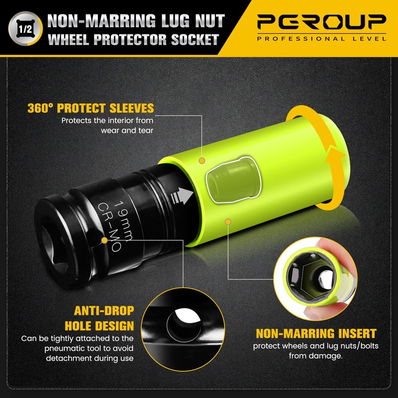 PGROUP 5PCS 1/2" Drive Wheel Protector Impact Socket, Metric(15 17