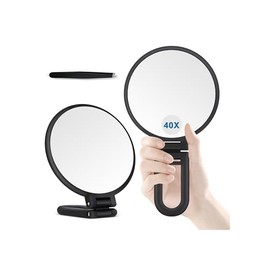 B Beauty Planet Espejo de aumento de 40X, espejo de mano para maquillaje, doble cara con aumento de 40X/1X, esencial para viajes, portátil y plegable para escritorio y baño, regalo para mujeres, negro