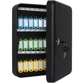 Jssmst Key Lock Box Wall Mount Security Key Storage Box, Locking Key Cabinet Wall Mount with 48 Key Hooks & Tags Key Labels, 11.81 x 9.45 x 2.95 inches, Black Matt